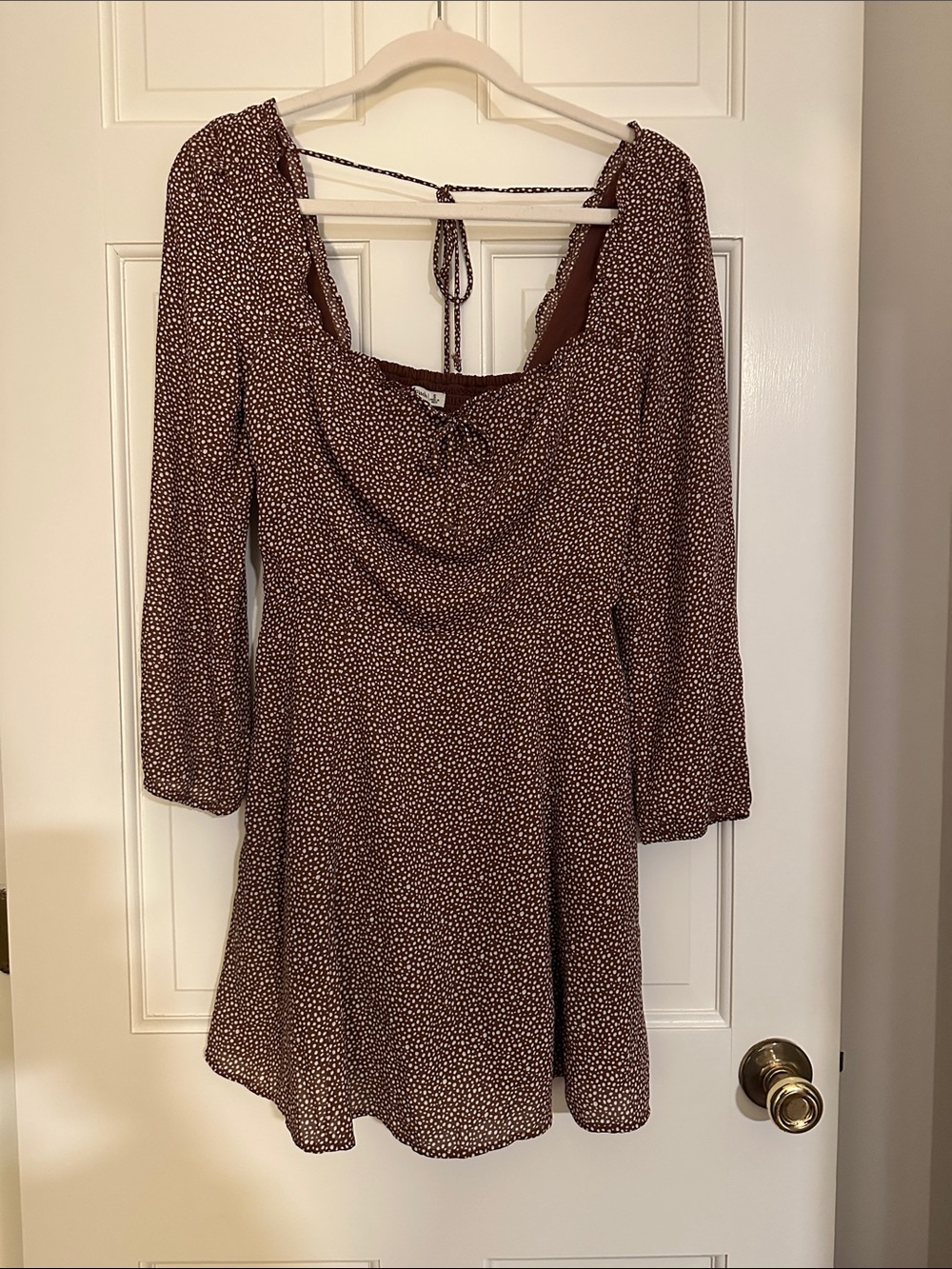 Women’s Brown Long-Sleeve Mini Dress with Ditsy Dot Print